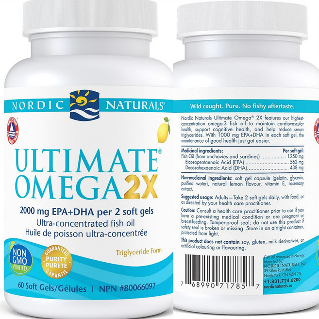 오메가3 2X DHA EPA 2000mg 노르딕내츄럴스 얼티미트 레몬 2통 캐나다내수용, 2개, 60정