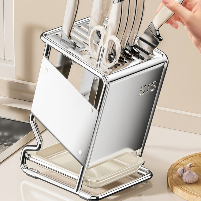 Shipshape 주방 스테인리스 대용량 물빠짐 주방 칼꽂이 통풍형, 1개, 실버