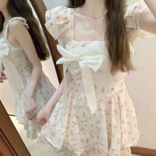法式甜美風 小飛袖碎花蝴蝶結連衣裙 女夏 短裙, 杏色