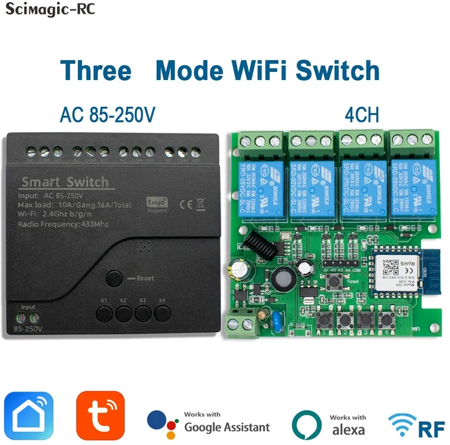 Tuya WiFi AC DC7-32V 85-250V 12V 24V 220V 1/2/4 채널 수신기 10A 16A 스마트 스위치 모듈 무선 제어용, 05 4CH 85-250V, 1개