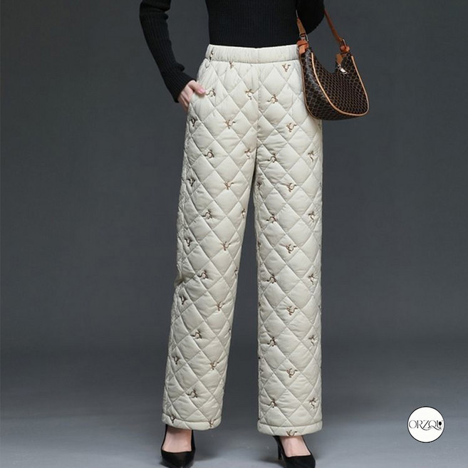 ORZQU 겨울 여성 하이웨스트 스트레이트 팬츠 캐주얼 자수 와이드 패딩 바지