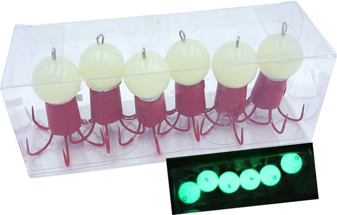 MEN피싱 도색 쭈꾸미애자 약50g 6개입 쭈꾸미볼 왕눈이에기 쭈꾸미낚시 쭈꾸미바늘, 희색야광 (6개입), 1세트, 50g