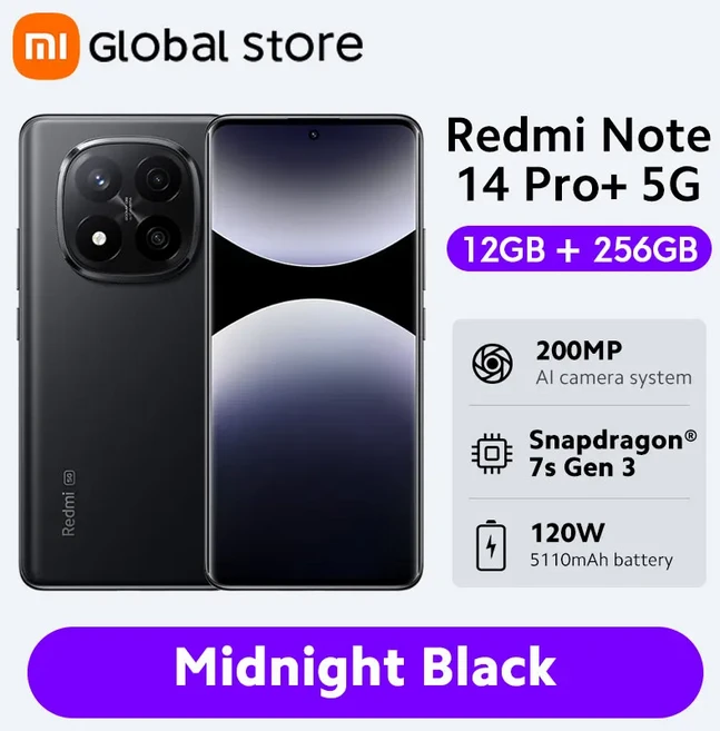 Xiaomi Redmi Note 14 Pro Plus 5G 스마트폰 글로벌 버전 Snapdragon 7s Gen 3 200MP OIS 카메라 6.67" AMO, 01 China Mainland, 01 Official Standard, 01 12GB 256GB Black, 256GB