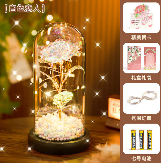 永生花玻璃罩 玫瑰香皂花禮物, 【金箔白玫瑰】精美禮盒 代寫賀卡, 金箔白玫瑰