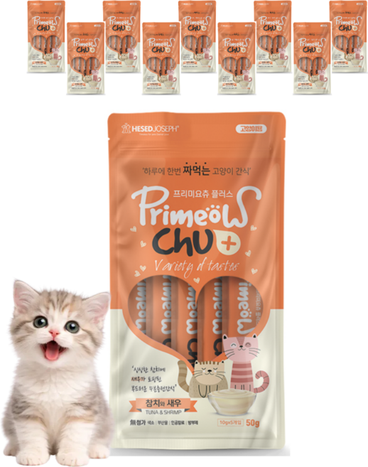 프리미요츄 플러스 고양이 짜먹는 간식 5P, 10개, 50g, 혼합맛(참치/새우)