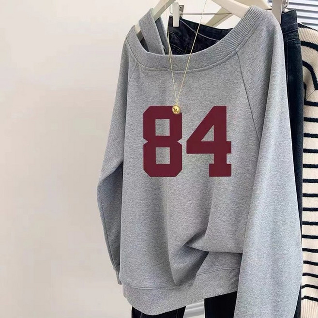 JUSTFEELING 봄가을 어깨트임 긴팔티 루즈핏 초가을 쇄골티 프린트 간절기 긴팔맨투맨 상의