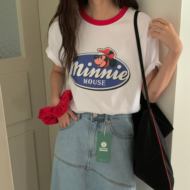 Disney 디즈니 배색 반팔티 미키 미니 플루토 캐릭터 티셔츠 화이트