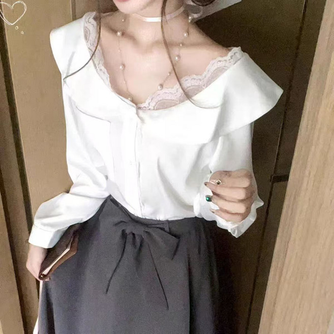 페이준 여성 봄가을 패션 솔리드 레이스 패치 긴팔 셔츠 프릴 오프숄더 통근 셔츠 YJ3469