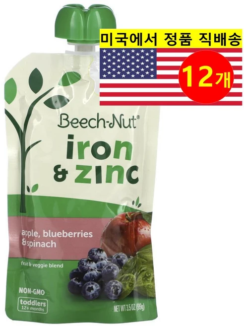 Beech-Nut 12개월 이상 유아용 오가닉 과일 곡물 채소 퓨레 이유식 99g 6개, 12개, 아연 사과 블루베리 시금치 - 쿠팡