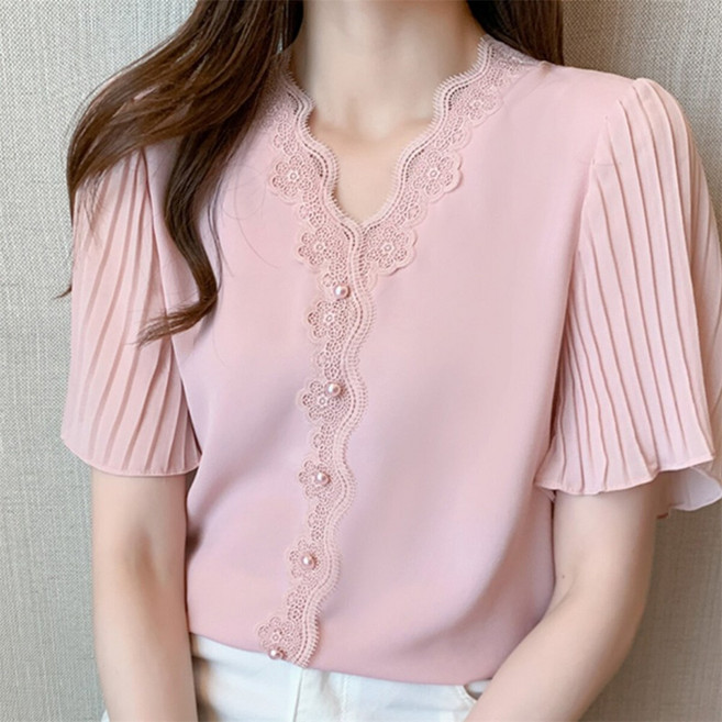 VEZRI 여성 반팔 레이스 블라우스 오피스룩 직장인 브이넥 정장 셔츠 AB06
