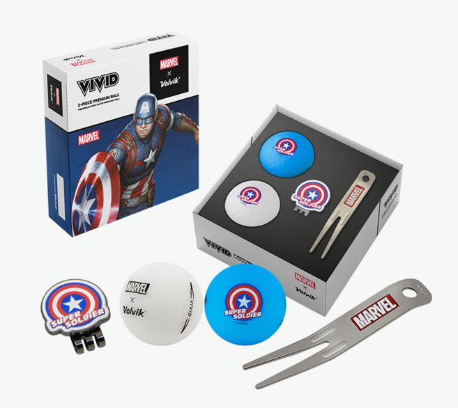 볼빅 비비드 마블 골프공 2구 + 볼마커 잔디보수기 세트 골프선물, 캡틴아메리카, 1개, 2개입