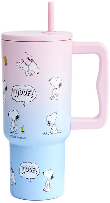GOYES 캐릭터 스누피 도안 텀블러 대용량 보온 보냉병 빨대 텀블러, 1개, 핑크+블루, 900ml