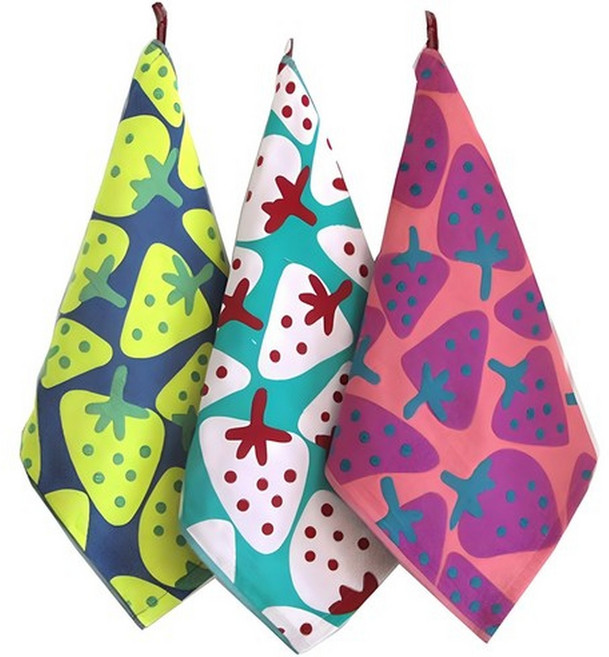 북유럽풍 주방타올 딸기 3종 세트, 옐로우 + 그린 + 핑크, 1세트