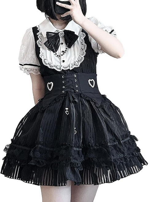 Jundakara 지뢰계 원피스 여성 반팔 나츠 귀엽다 띠포함 탈부착 가능 리본포함 하트버클 레이스업 프릴 프렌치 걸리계 레이어드 바람 전환 페미닌 복청초계 봄 여름 가을 학생