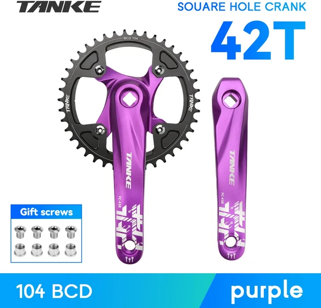 크랭크암 TANKE 크랭크 셋 170MM 자전거 체인 링 중공 통합 104 BCD 좁은 와이드 MTB 크라운 스퀘어 홀 스프로킷, Purple Crank42T