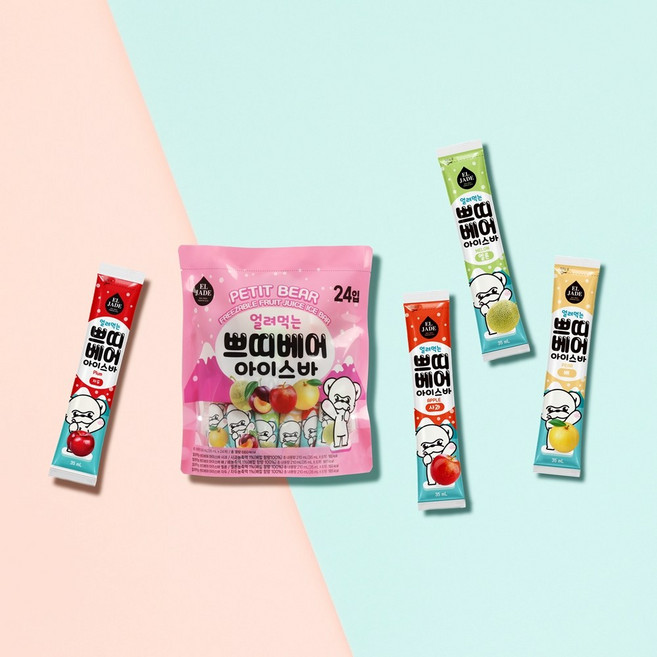 [엘제이드] 얼려먹는 쁘띠베어 아이스바 35mL 24스틱 (사과 배 멜론 자두맛), 840ml