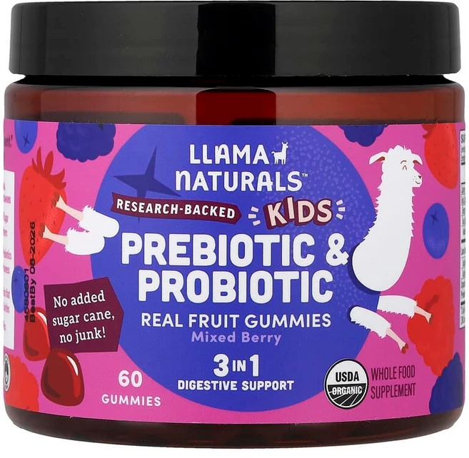 Llama Naturals 어린이용 프리바이오틱 및 프로바이오틱 천연 과일 구미젤리 혼합 베리 맛 구미젤리 60개 LNS-31868, 1, 60 - 쿠팡