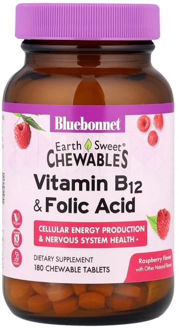 블루보넷뉴트리션 EarthSweet 츄어블 비타민B-12 및 엽산 라즈베리맛 츄어블 180정, 1개 - 쿠팡