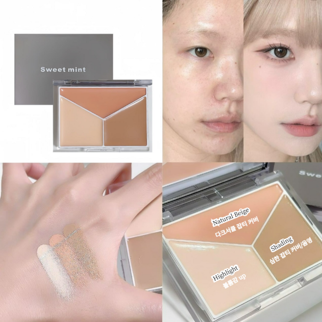 DEEPSUN 3색 만능 컨실러팔레트 꺼진부위 다크서클 음영 잡티 커버 라이트, 만능 베이지&핑거 퍼프, 1개