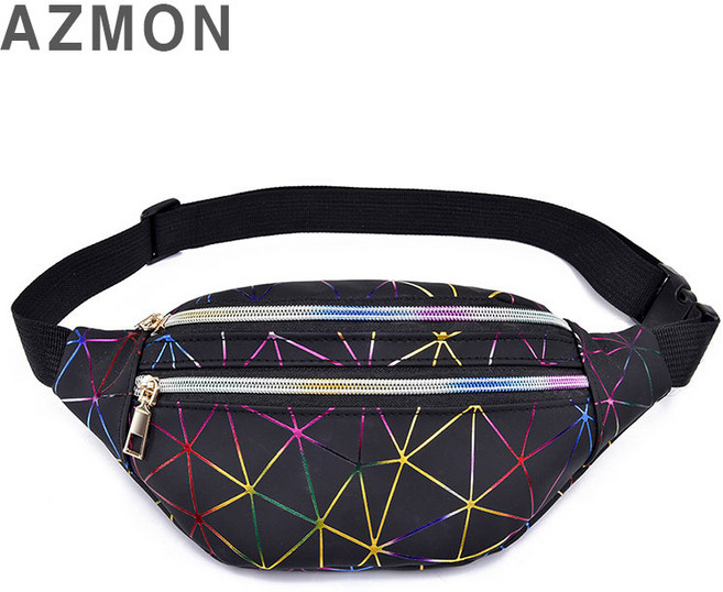 AZMON 레인보우 다이아몬드 캐주얼 힙색 가방 2.5L, 블랙, 1개