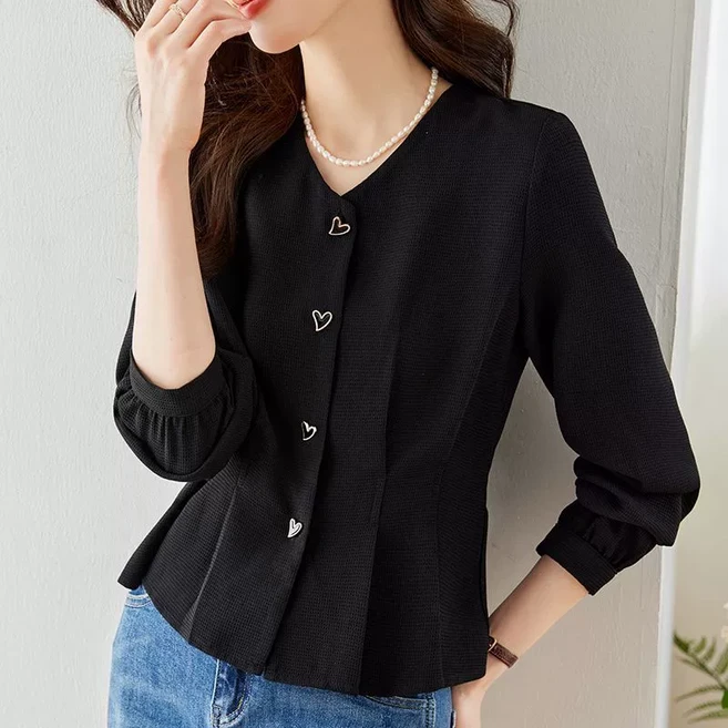 FINE ART 여성 봄가을 브이넥 셔츠 블랙 긴팔 블라우스 하객룩