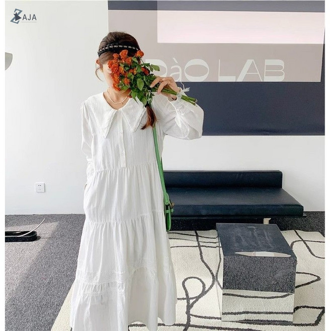 ZAJA 여성 화이트 피터팬 카라 롱 원피스 봄가을 데일리룩