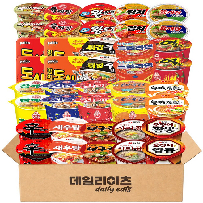 데일리이츠 컵라면 소컵 20종류 2개씩 총 40개입 세트 (육 김치 신 튀김 사리 새우 오짬 너구리 안성 짜범 진매 진순 참깨 열 스낵 오육 삼양 도시락 김치도시락 미니왕), 1박스