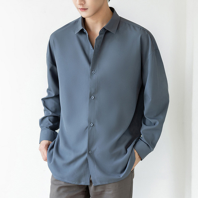 ANNYOU 남성 고급 드레이프 오버핏 긴팔 셔츠 베이직 사계절 캐주얼 데일리 셔츠
