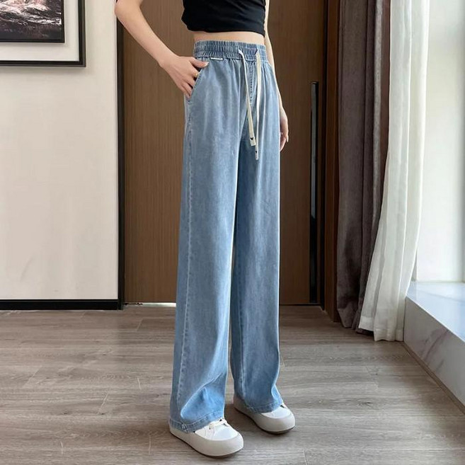 天絲冰絲牛仔寬褲女 夏日薄款高腰顯瘦直筒休閒褲 韓系慵懶風垂感丹寧長褲