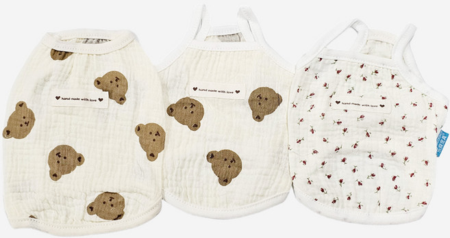 순면 베이지 민소매 애견의류 강아지옷 실내복 외출복, 1개, 곰돌이 끈나시