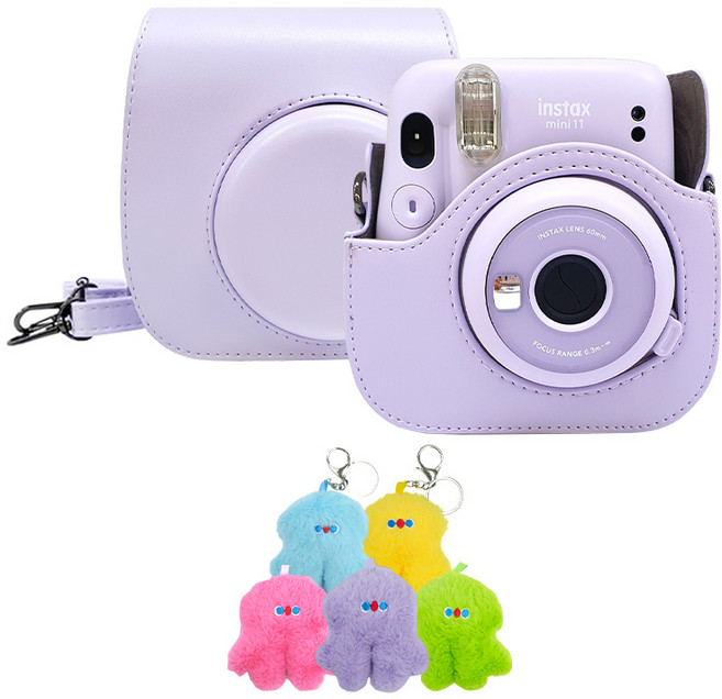 인스탁스 미니11 전용 가죽 케이스+인형키링 / 스트랩 포함, 1개, 라일락퍼플+인형키링