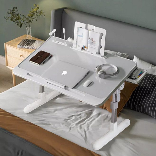OYEAH 다용도 접이식 베드 테이블 침실 테이블 높이 조절 각도 조절 + USB 포트 + 램프 팬 + 캐비닛 서랍, 흰색 60*40CM
