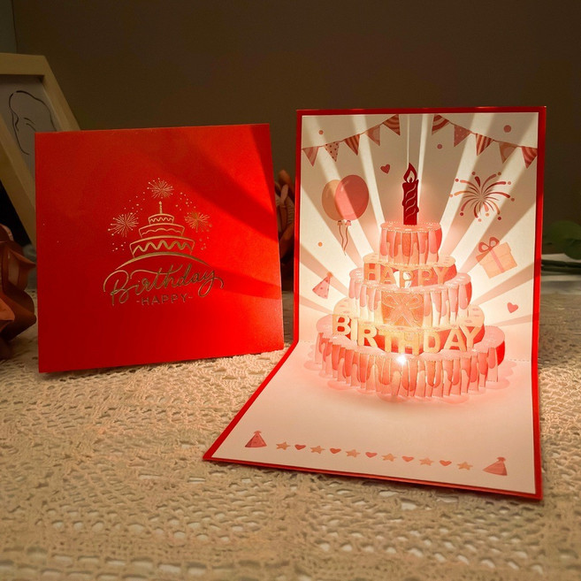 音樂燈光 生日賀卡 立體 3D 祝福卡片 創意生日禮物, 紅色+小卡 自動音樂燈光, 1個