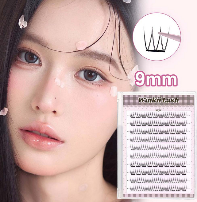 Winkii 노글루 인조 속눈썹 9mm 자연스러운 V형 3in1 짧은 아이돌 속눈썹 풀이 필요없는 아이래쉬 10줄 100모 대용량, 1개, 3in1  V형