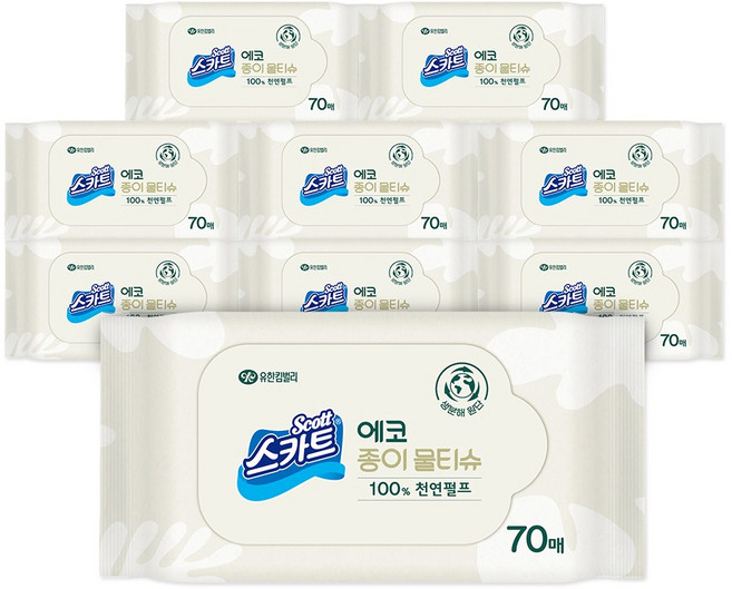 유한킴벌리 스카트 100% 천연펄프 에코 종이 물티슈 리필형 70매 9팩, 70매입, 9개