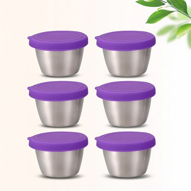 엘리펀트 304 스테인리스 소스컵 6P 세트 70ml - 단색 실리콘뚜껑 포함 넉넉한 용량의 양념 드레싱 소스 보관용기, 보라색 (라일락퍼플), 6개