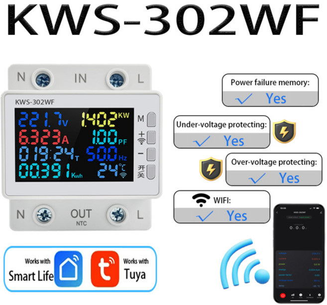 투야 와이파이 전원 계량기 2P AC 에너지 계량기 앱 제어 8 인 1 전압 및 전류 계량기 전기 계량기 스마, 02 KWS-302-WF