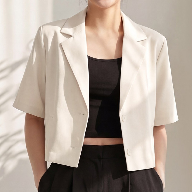 라뷰드 여성 여름 싱글 세미 크롭 반팔 자켓 여자 봄가을 여름 정장 루즈핏 카라 아우터 시원한 데일리 캐주얼 페이크 포켓 겉옷