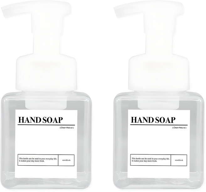 뉴앤룩 사각 거품용기 핸드워시 리필공병 250ml x 2p + 핸드솝 A라벨스티커 x 2p, 1세트, 투명
