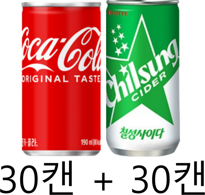 코카콜라 칠성사이다 2종 30캔 세트, 60개, 185ml