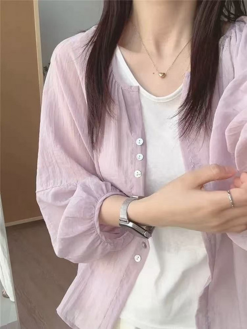 法式溫柔紫天絲亞麻防曬襯衫女夏薄款外搭罩衫寬鬆燈籠袖襯衣外套