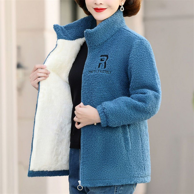 TKX 후리스 중년여성 가을 겨울 하이넥 양털 자켓 따뜻한 캐주얼 숏 코트
