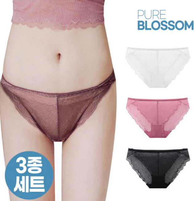 [퓨어블라썸] 스벅 쿠폰 증정 [3종세트] 풀 레이스 하이레그 누디 팬티/빅사이즈