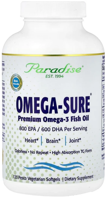 파라다이스허브 오메가-Sure 프리미엄 오메가 3 피시오일 1000mg 120 Pesco-베지테리언 소프트젤, 1개, 1개, 120정 - 쿠팡