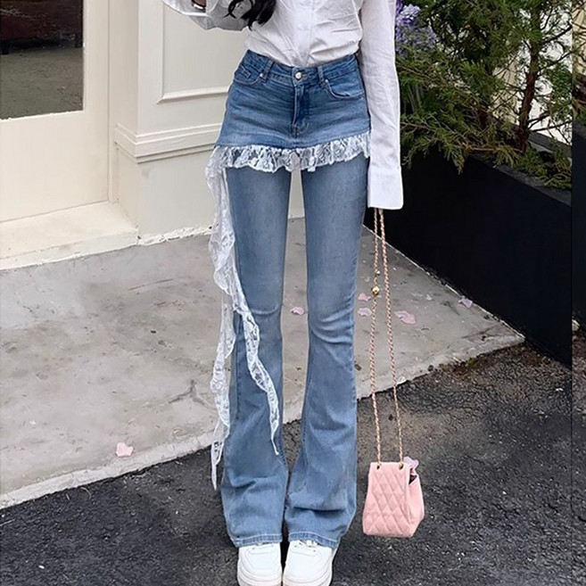 ROYALBELLE 여성 하이웨스트 레이스 언밸런스 플레어 부츠컷 청바지 레이어드 바지 E0041712