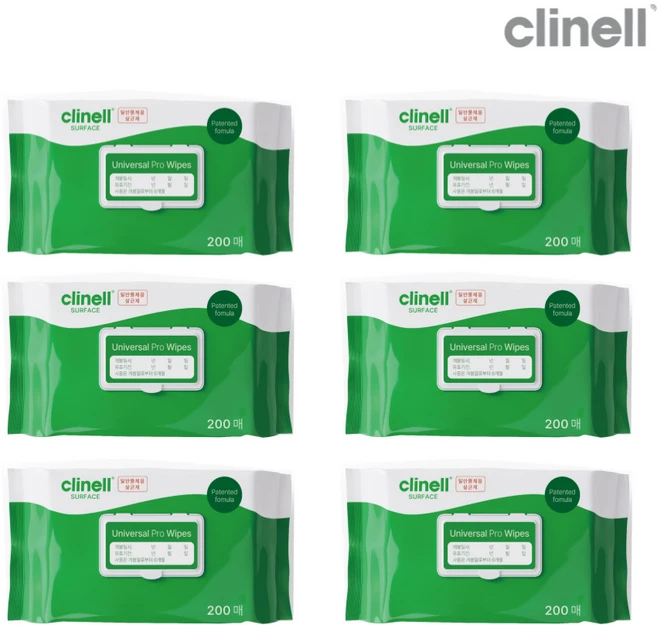 클리넬 clinell 공인판매점 유니버셜프로 와입스 5세대 병원용 살균 소독티슈 용품소독 감염예방, 6개, 200개입, 1.76g - 쿠팡