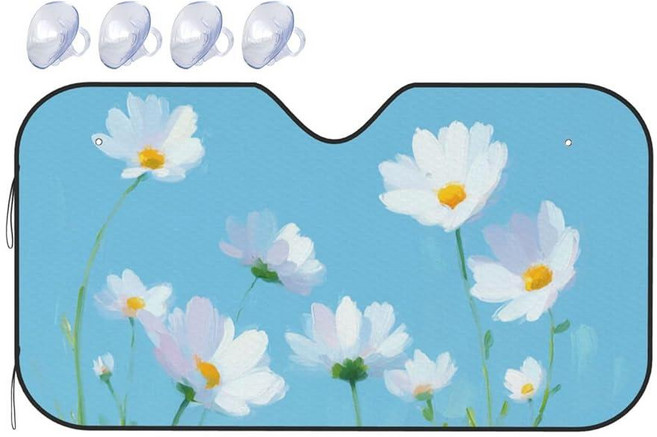 앞유리 햇빛 가리개 화이트 플라워 블루 여름 자동차 전면 창문 차단 UV 바이저 접이식 차량 SUV 트럭 프로텍터 139.7 x 76.2cm(55 30인치), 앞유리 햇빛 가리개 화이트 플라워 블루 여름 자동차 전