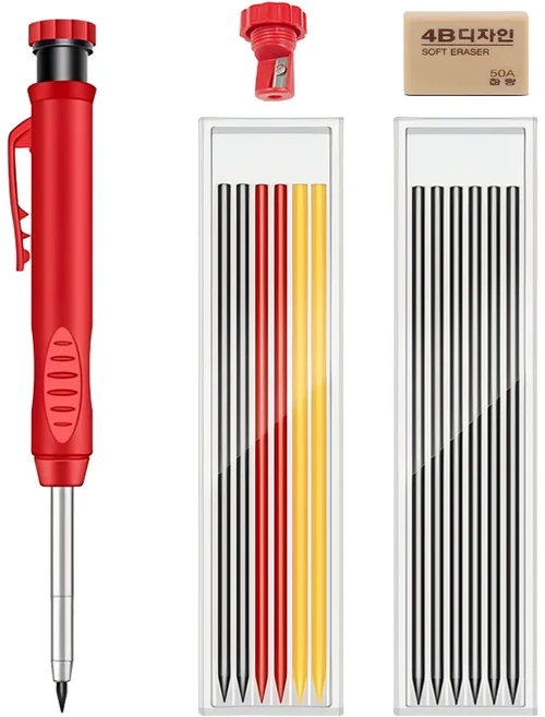 내장형 샤프너가 있는 견고한 목수용 연필 세트 깊은 구멍 표시 도구 정밀 작업용 자동 연필 드로잉 리드, 04 Red Set