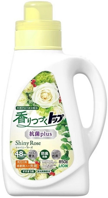 LION 香りつづくトップ Shiny Rose 抗菌plus 洗濯洗剤 48小時香味持久 病毒去除 防臭 1日抗菌 柔軟劑配方, 850g, 1個