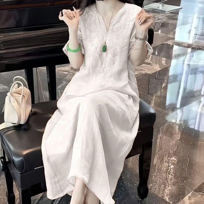 重工刺繡V領連衣裙 民族風夏季新款寬鬆顯瘦氣質短袖女士長裙, 白色,XL